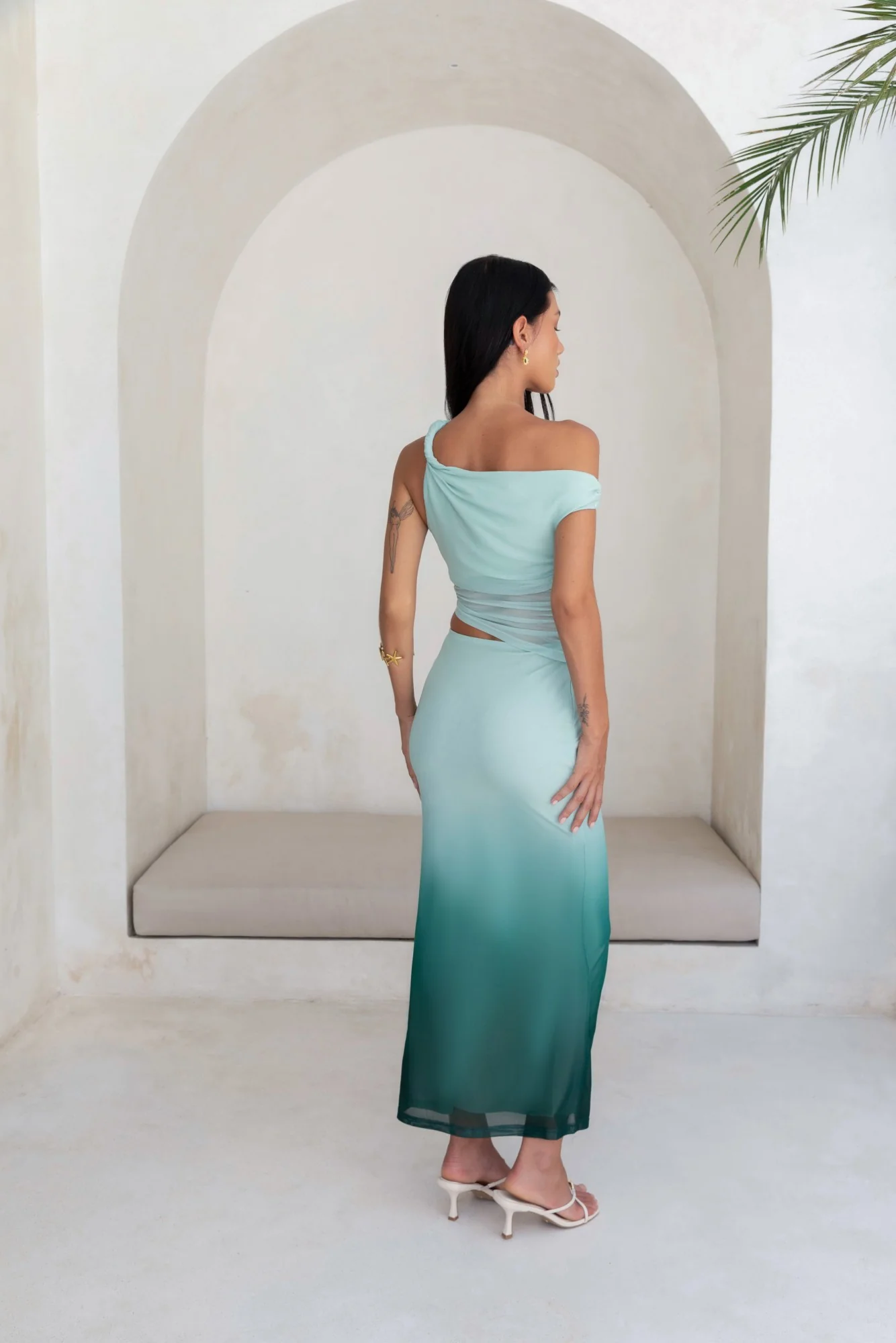 Soft Shades Off The Shoulder Mesh Maxi Dress Green