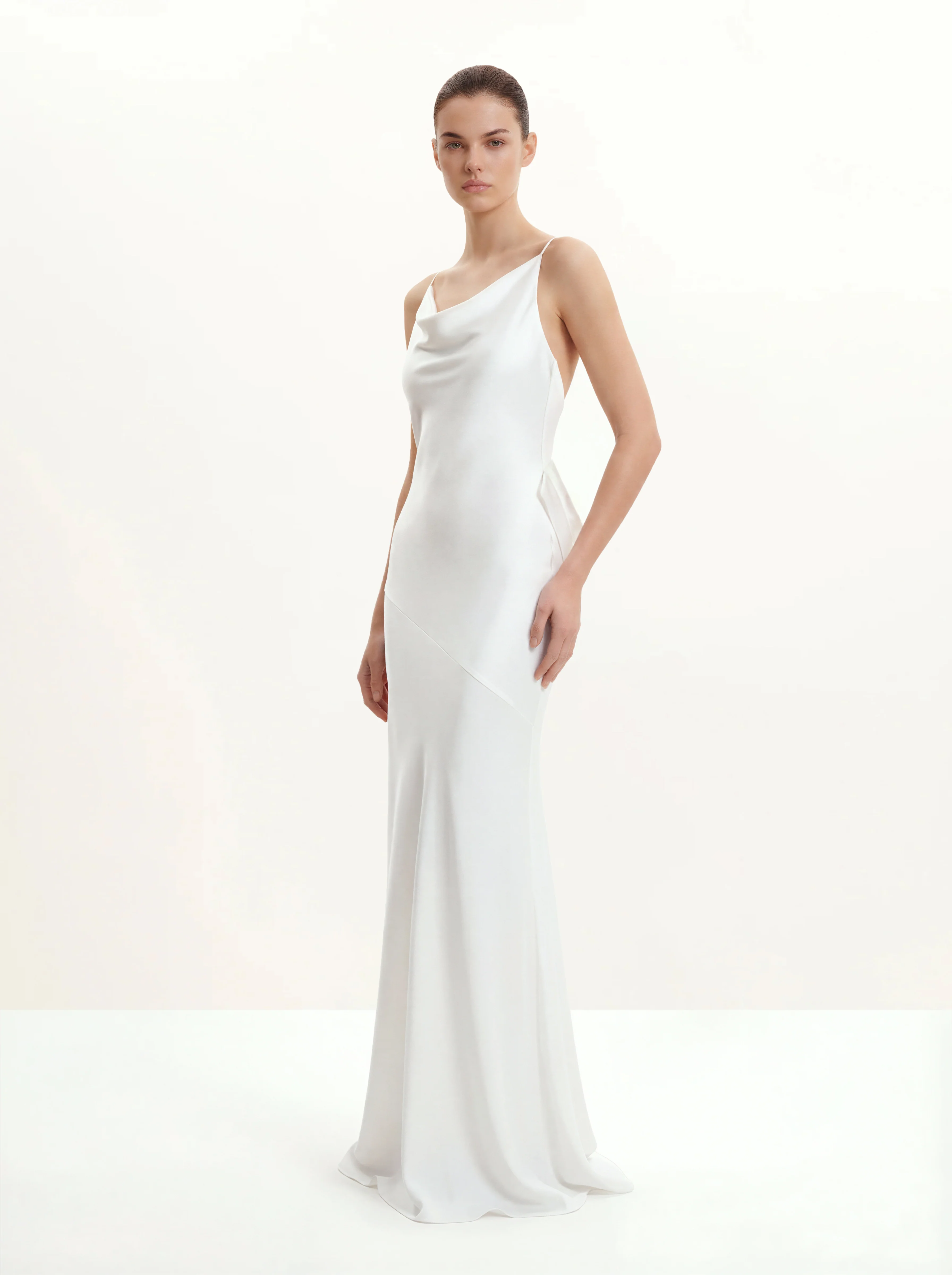 Satin Cowl-Neck Bow-Back Maxi Dress - White - FASHION NOB