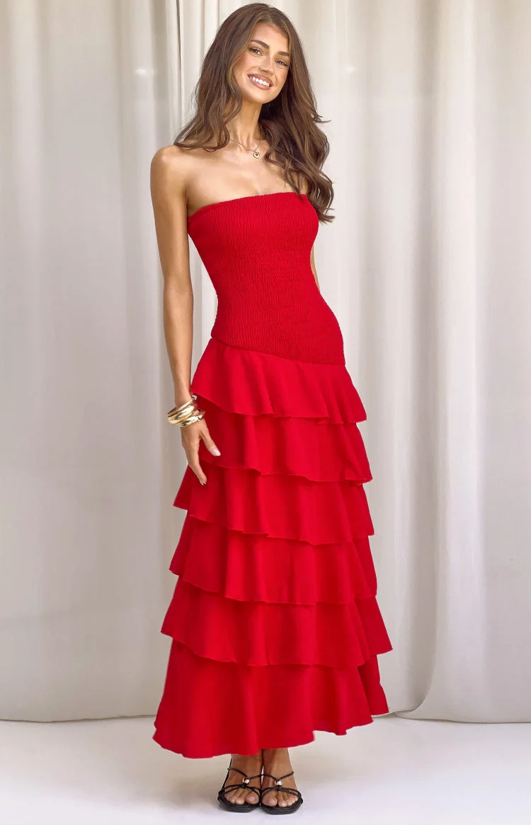 Riles Red Strapless Ruffle Maxi Dress