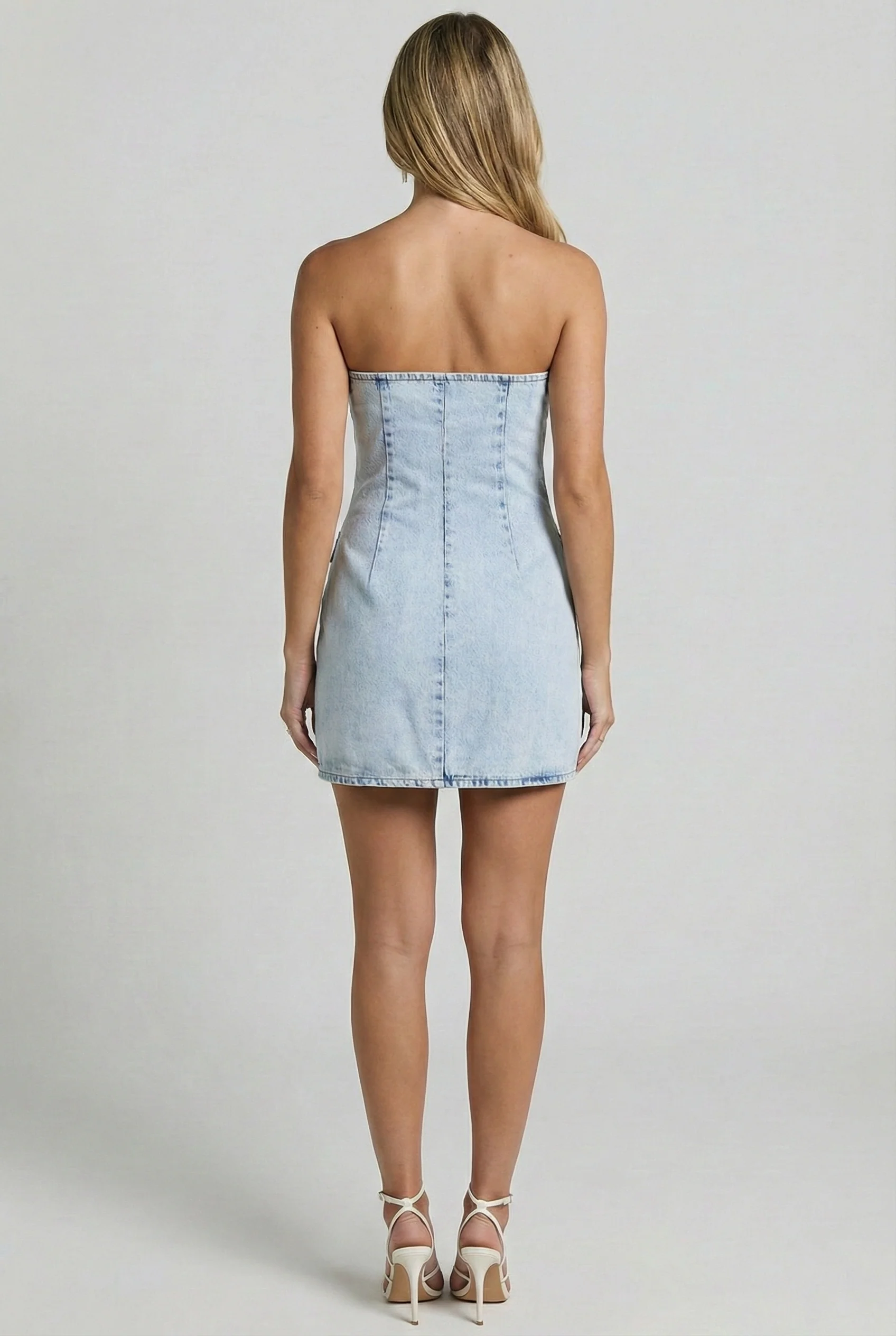Buttoned Up Strapless Denim Mini Dress
