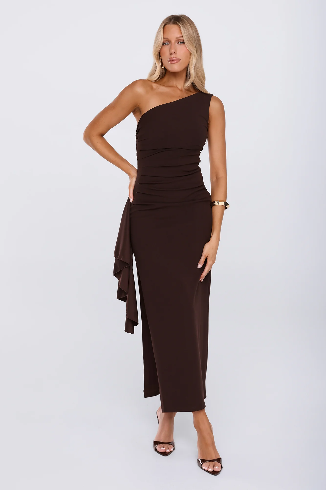 Chic One Shoulder Ruched Drape Maxi Dress Chocolate