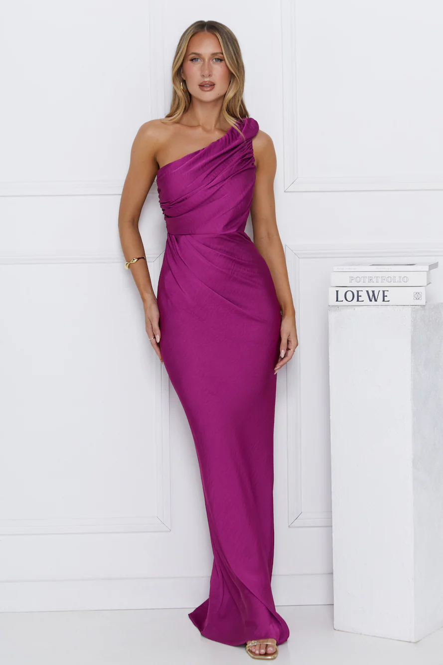 Chase Your Power One Shoulder Satin Maxi Dress Berry