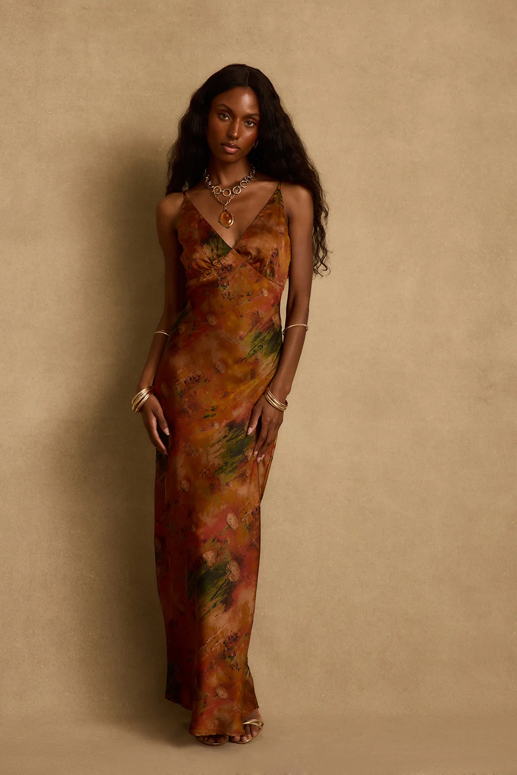 Mirabella Rust Printed Satin Maxi Dress