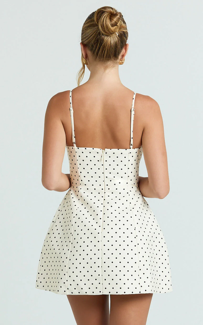 Carolina Mini Dress - Scoop Neck Panel Bodice Dress in White Polka Dot - luluinthesky