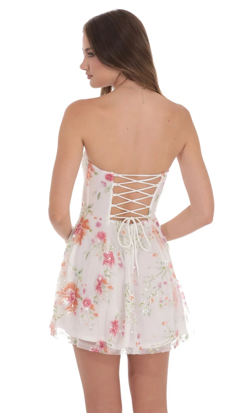 Sequin Floral Strapless Dress-White