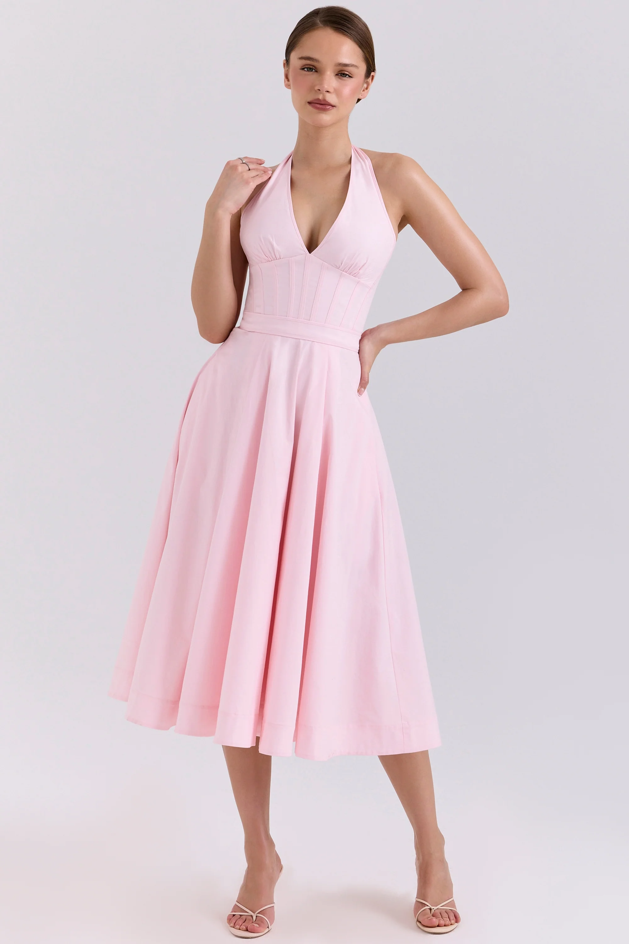 pink stretch cotton halter midi sundress