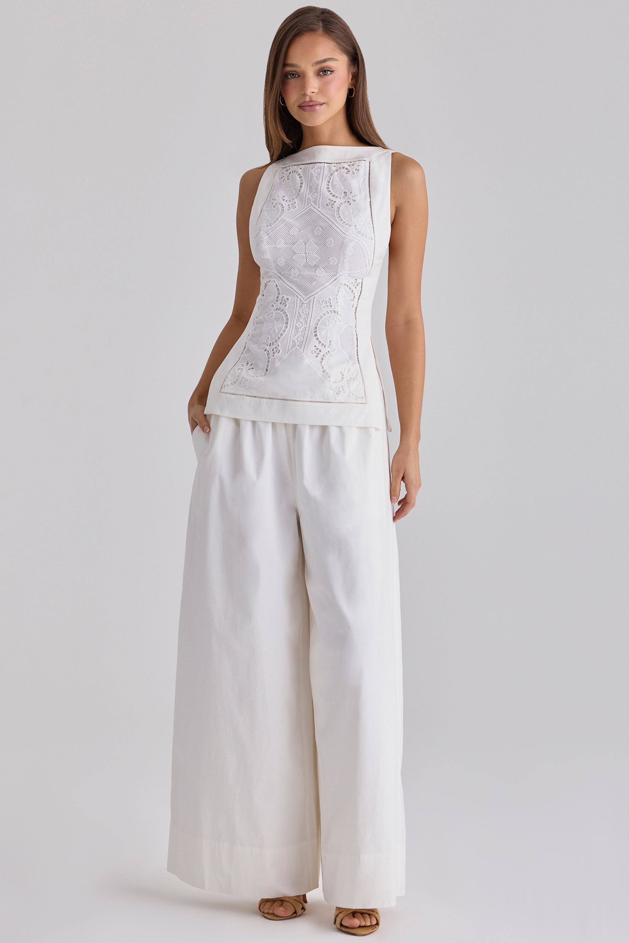 White Cotton Placement Lace Broderie Anglais Boat Neck Top