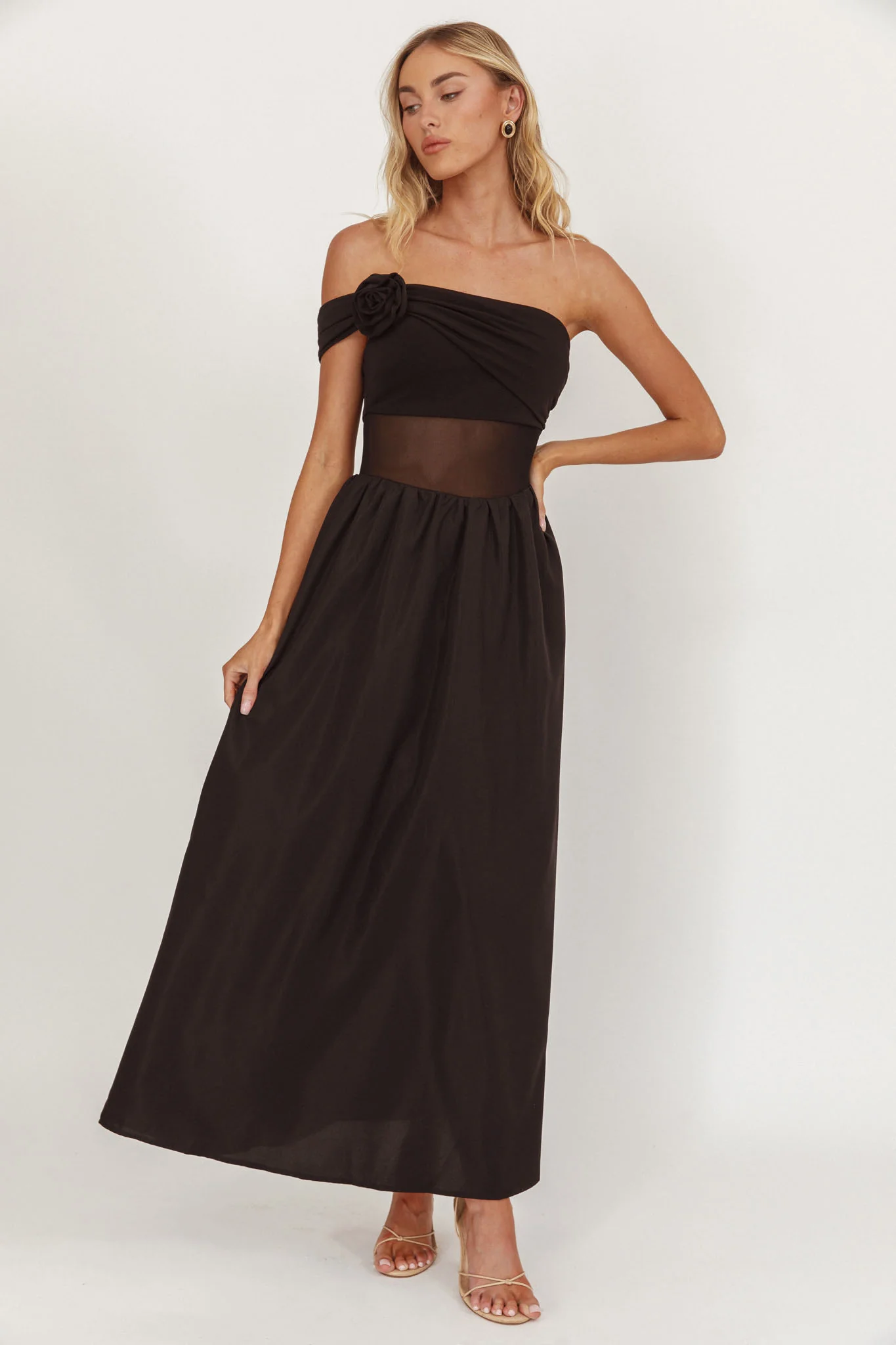 Uma One Sleeve Sheer Waist Midi Dress Black - luluinthesky