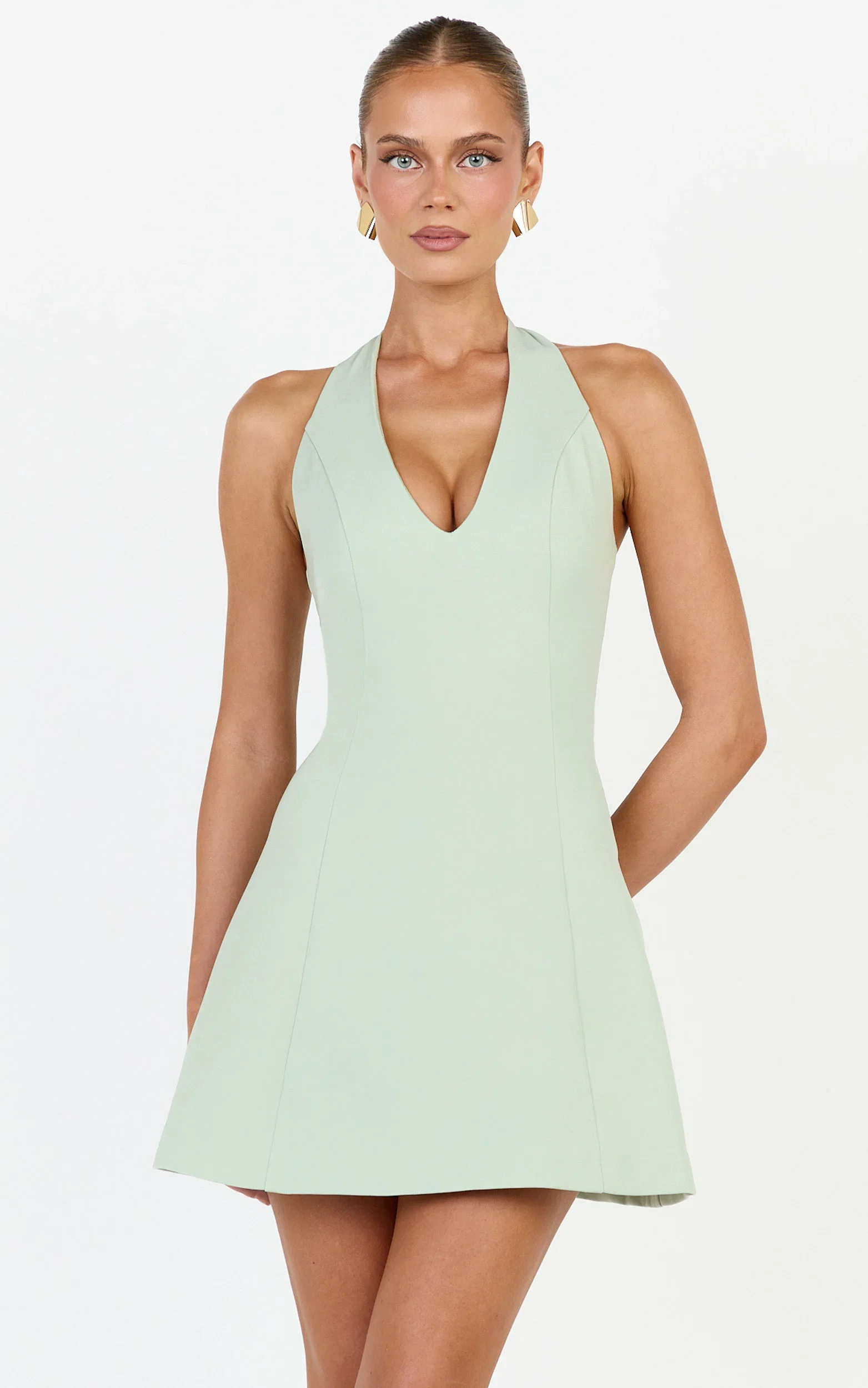 Saphine Mini Dress - Deep V Halter Neck A Line Mini Dress in Pistachio