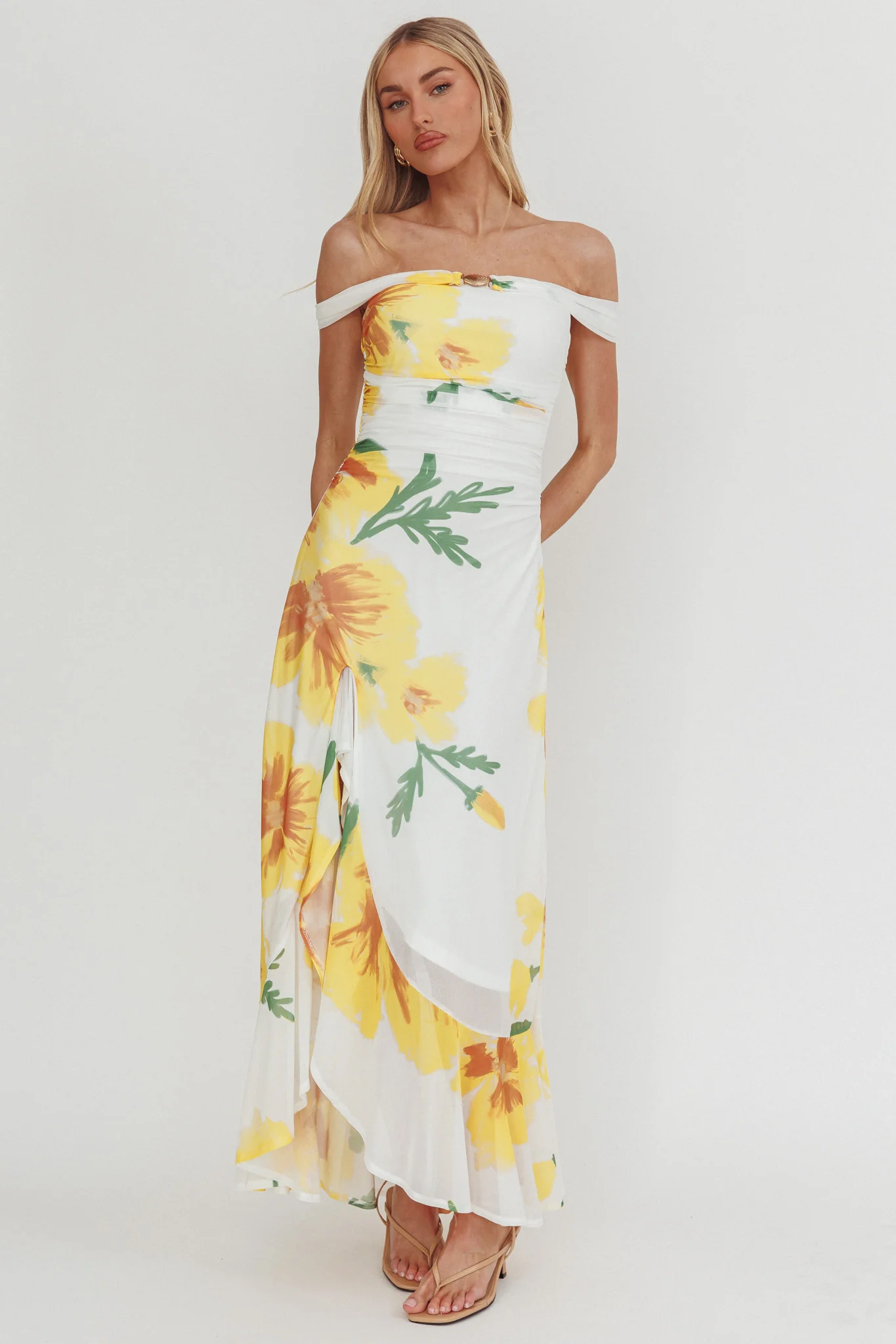 Moonlit Magic Off-Shoulder Split Maxi Dress Flower Yellow