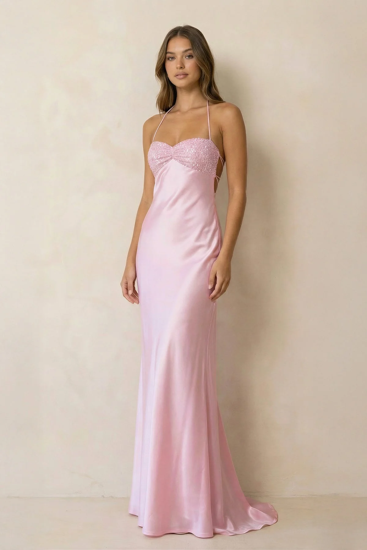 Halter Sheath Satin Maxi Dress With Sequins in Pink