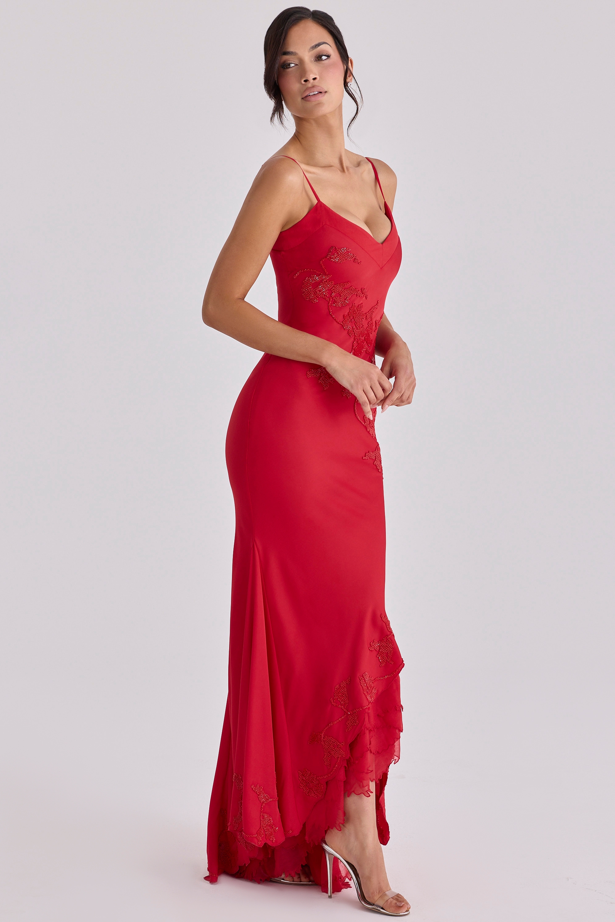 red hand beaded embellished satin maxi dress - limited edition
