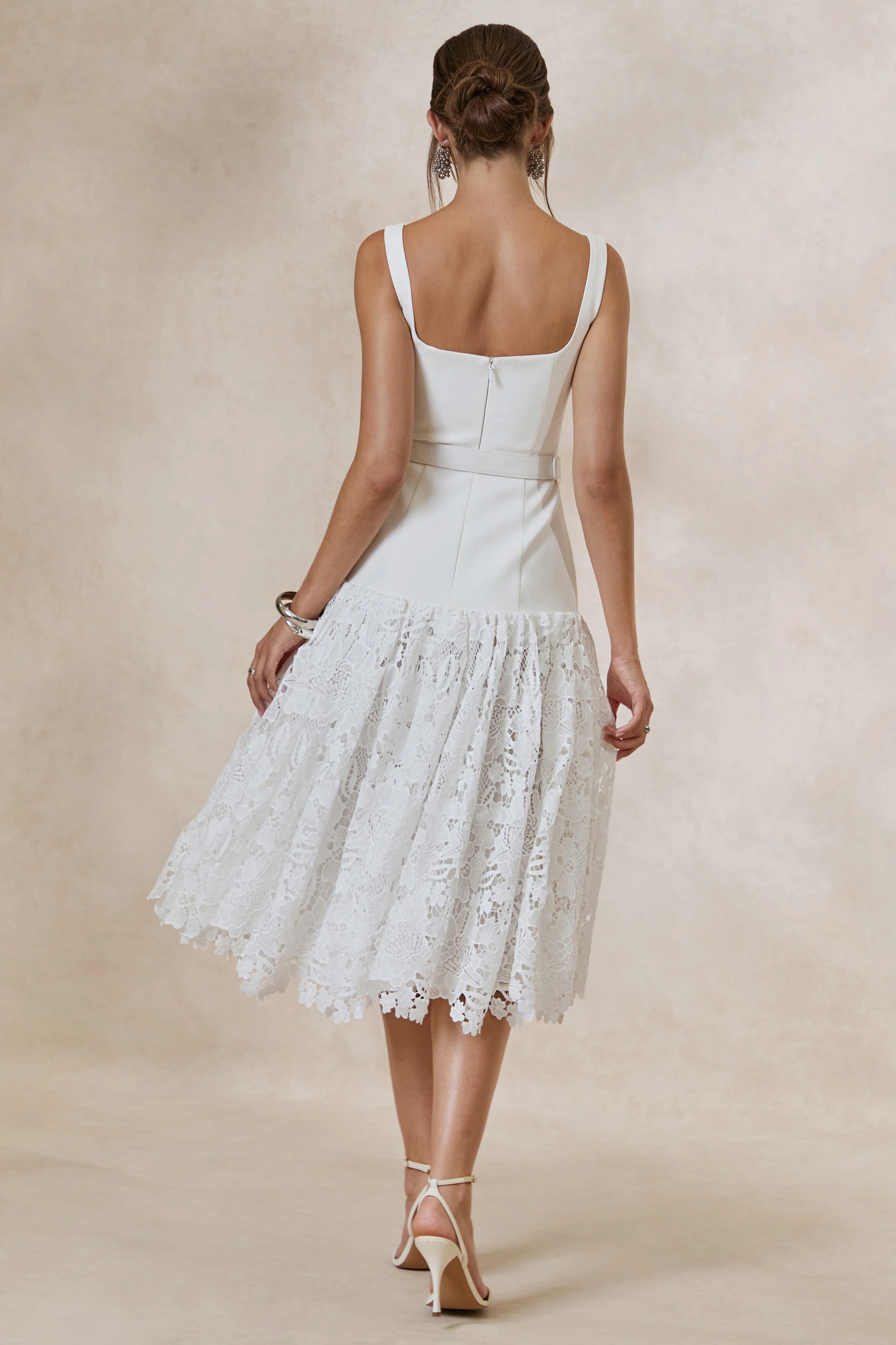 Norrie | White Lace Square-Neck Midi Dress With Voluminous Lace Skirt