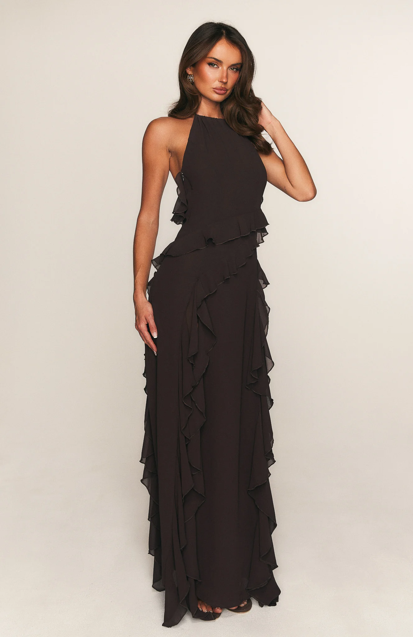 Control The Vibe Halter Maxi Dress Chocolate - luluinthesky