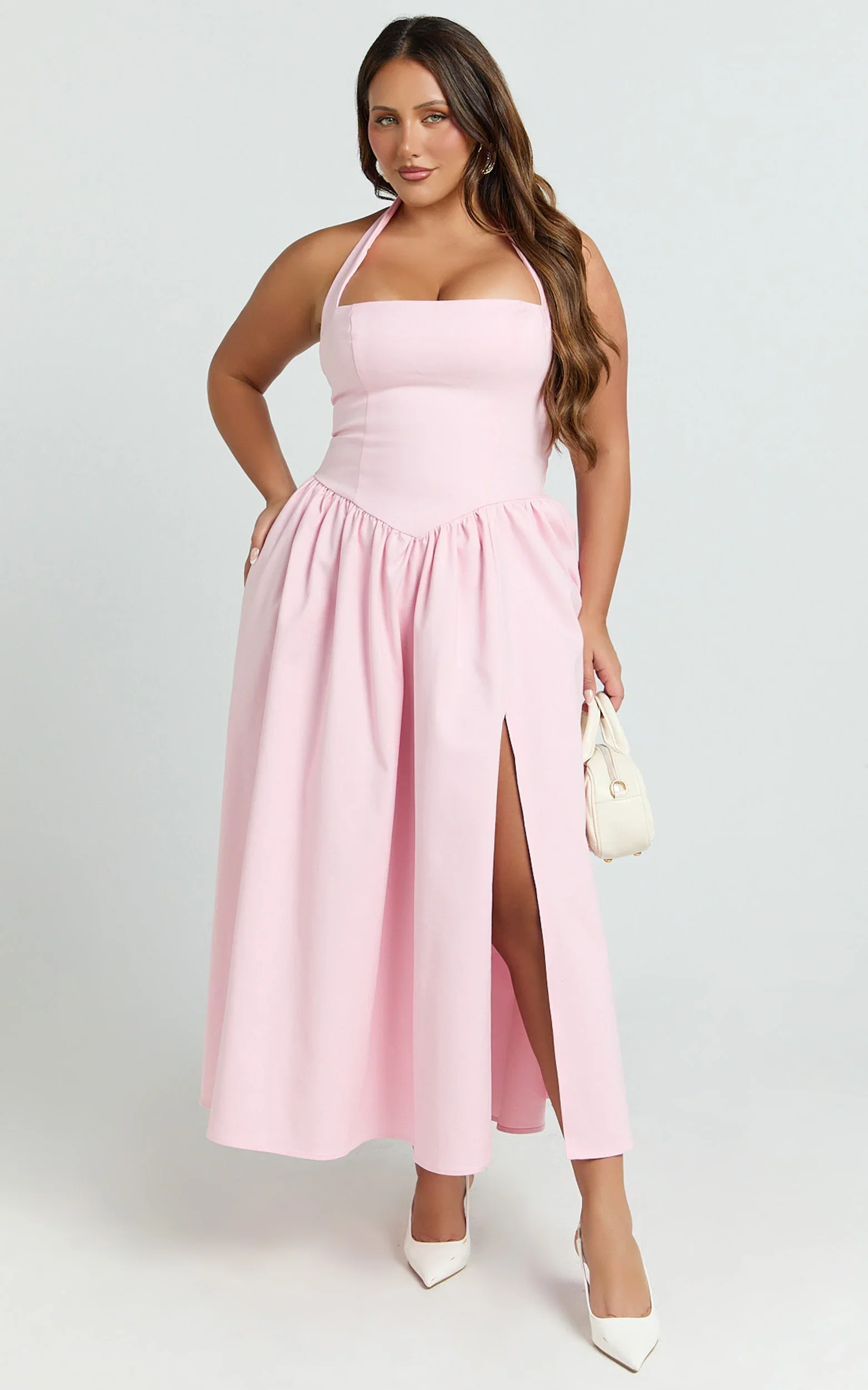 Helda Midi Dress - Halter Tie Neck Corset Panel Dress in Pink