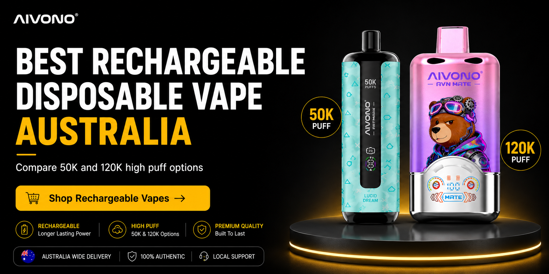 Best rechargeable disposable vape Australia AIVONO 50K and 120K banner