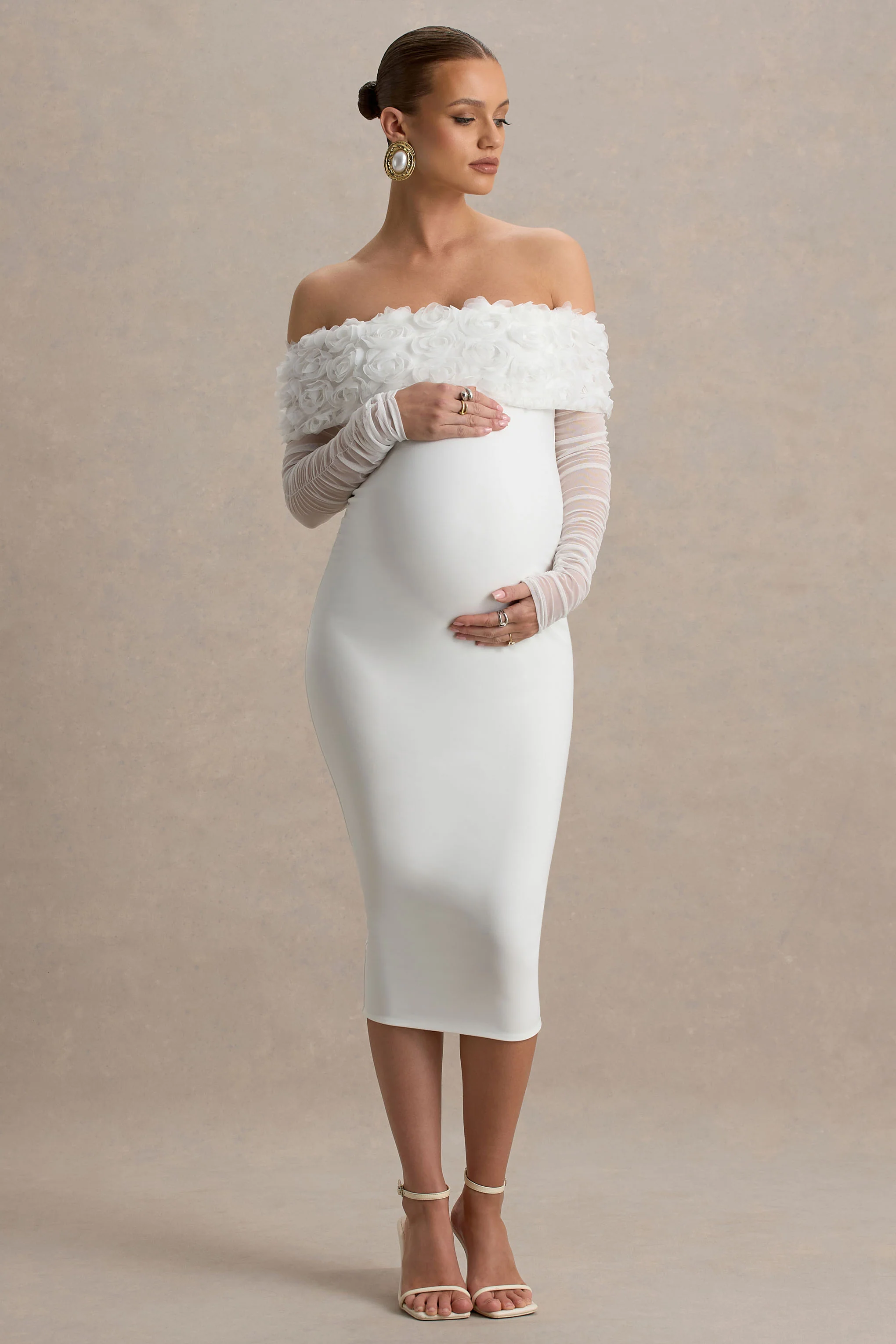 Adita | White Mesh Floral Bardot Maternity Midi Dress