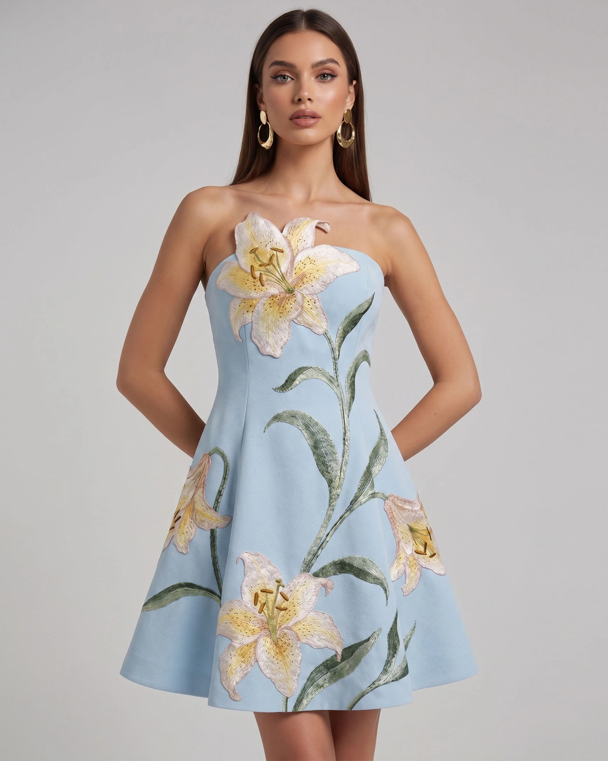 Lily Floral Print Strapless A-Line Mini Dress - Light Blue
