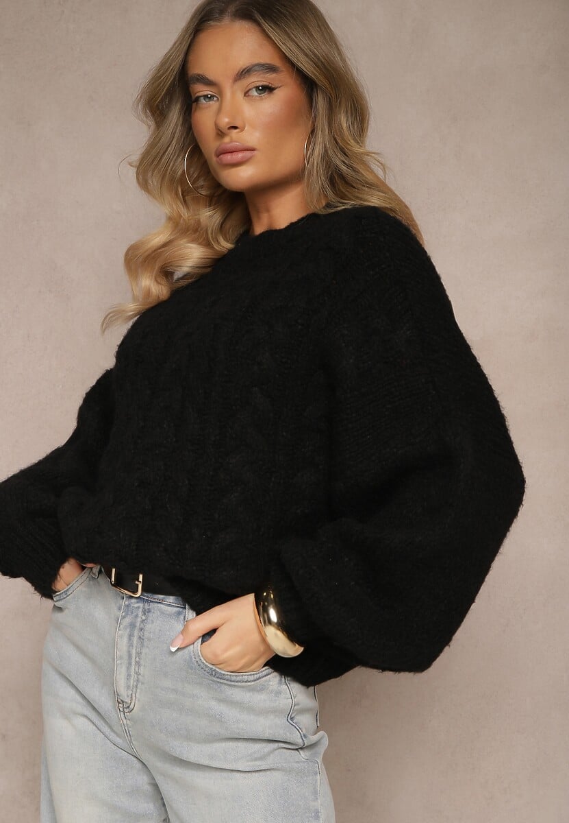 Czarny Sweter z Wełną o Eleganckim Warkoczowym Splotem Makkaria