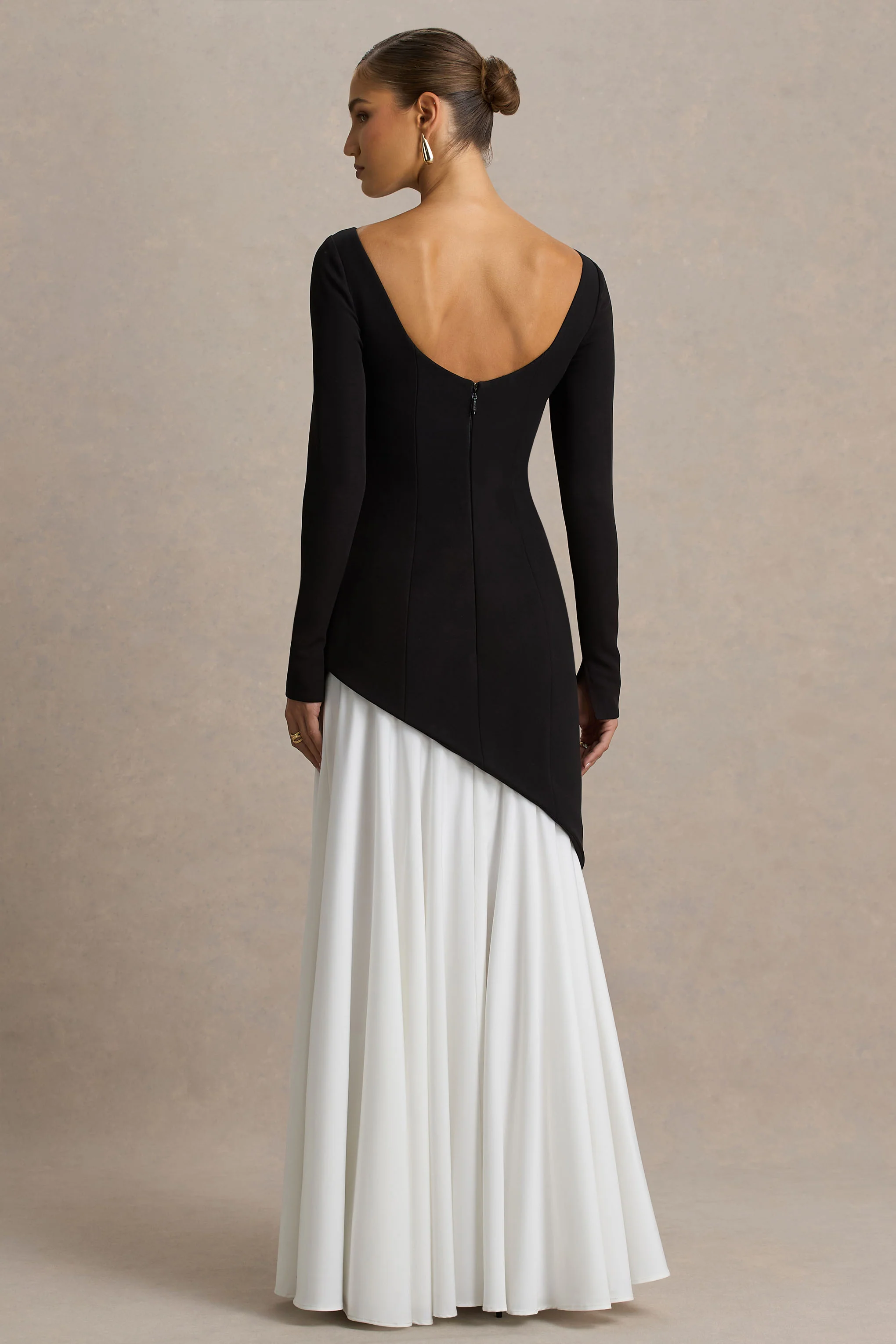 Caty | Black And White Long-Sleeved Maxi Dress With Oversized Bow And Ruffled Detailing