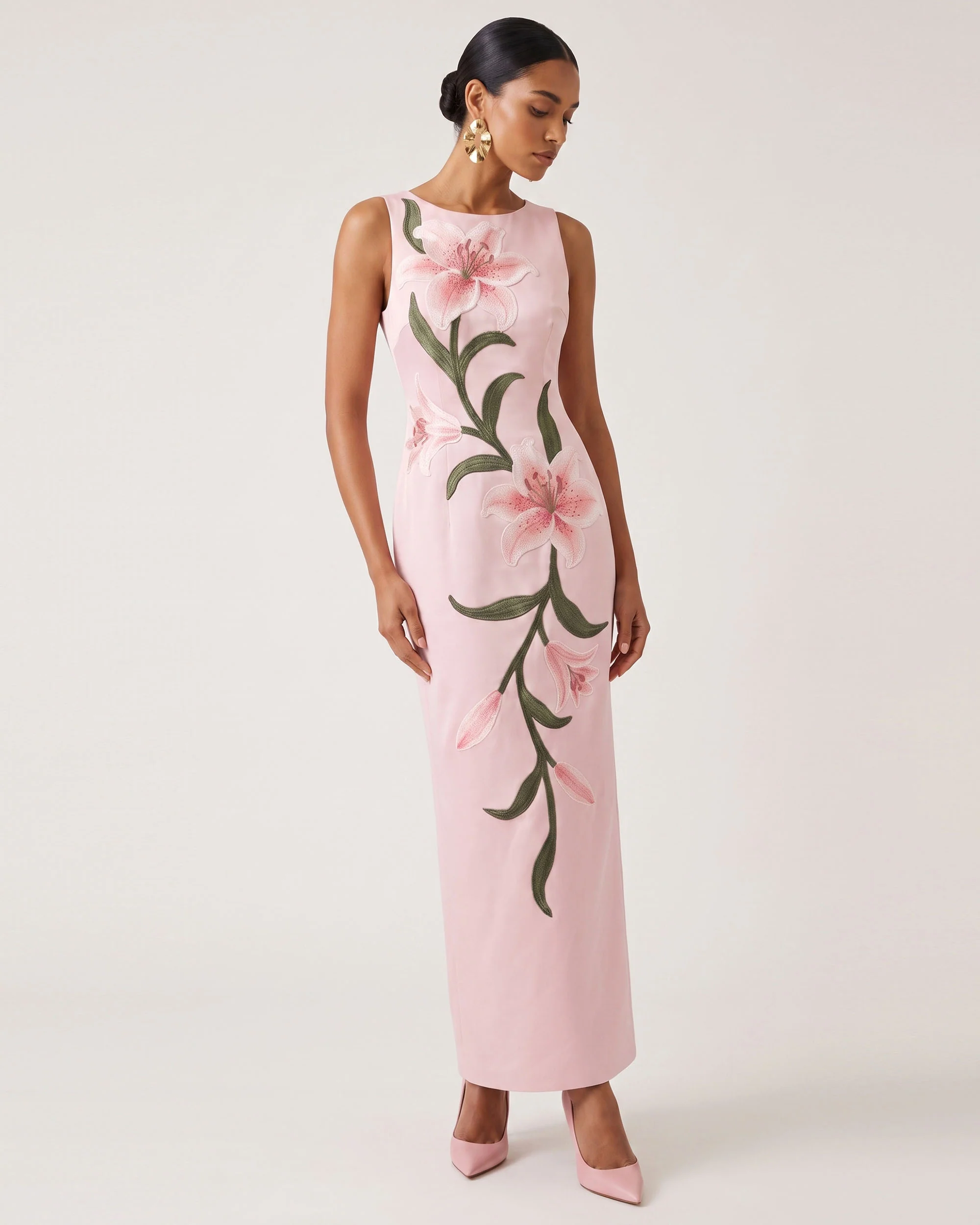 Lily Floral Print Sleeveless Column Maxi Dress - Light Pink