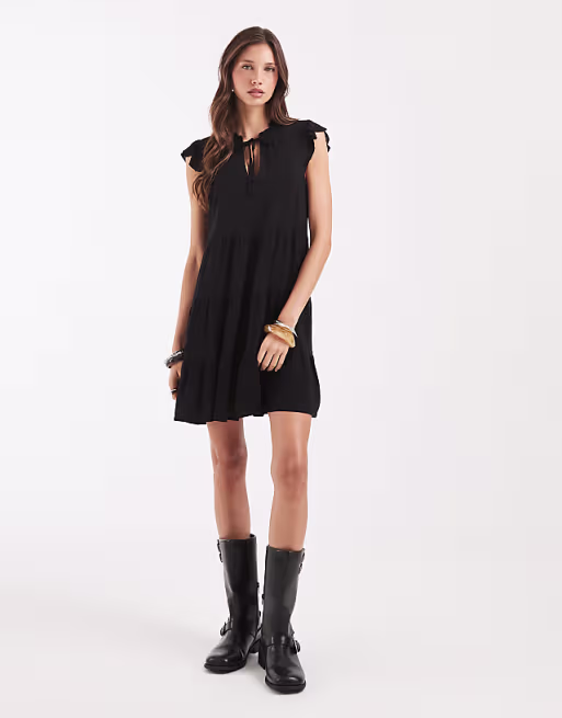 Vero Moda ruffle trim babydoll mini dress in black