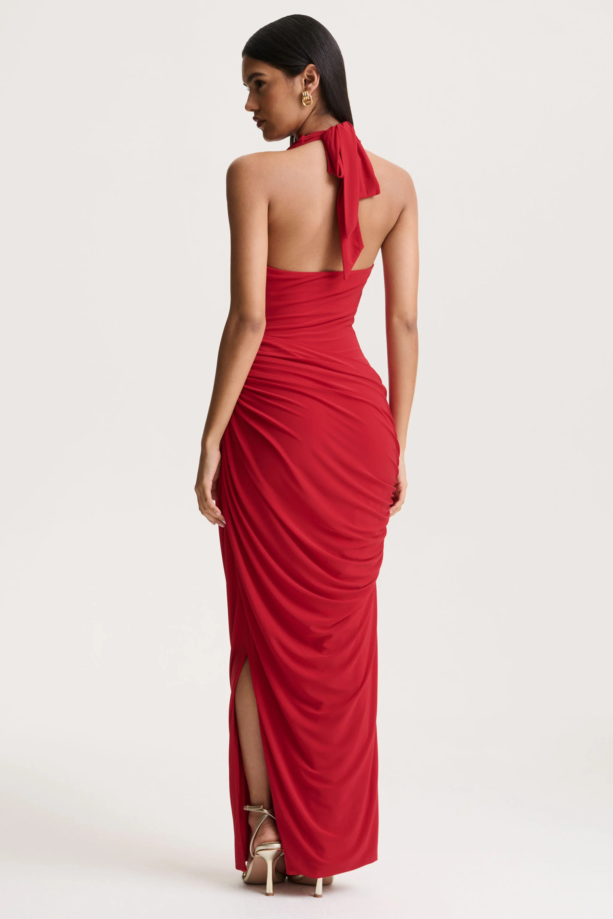 Cairo | Red Cowl-Neck Maxi Dress With Gathered Detailing