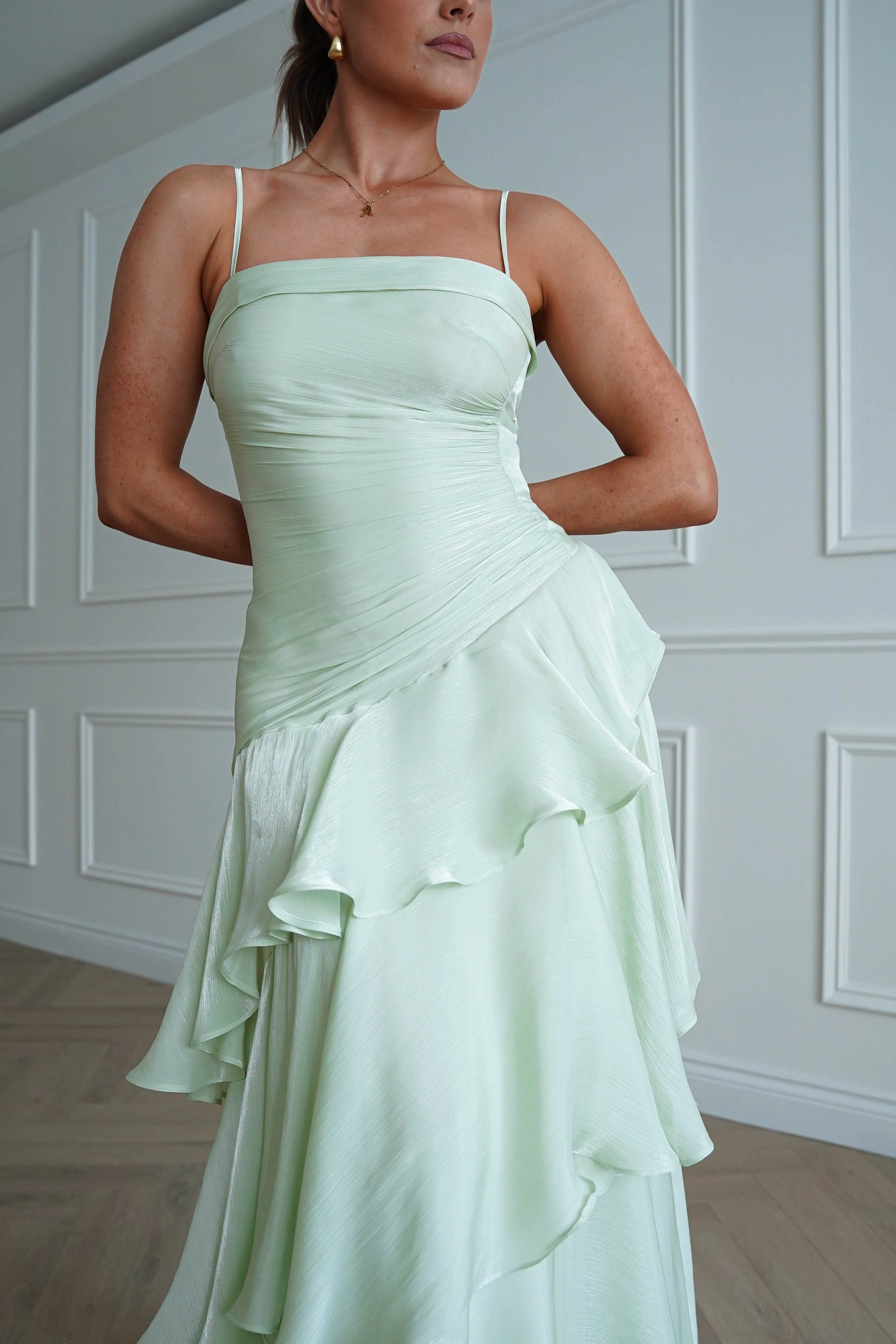 Renee Luminescent Ruffle Maxi Dress | Pistachio