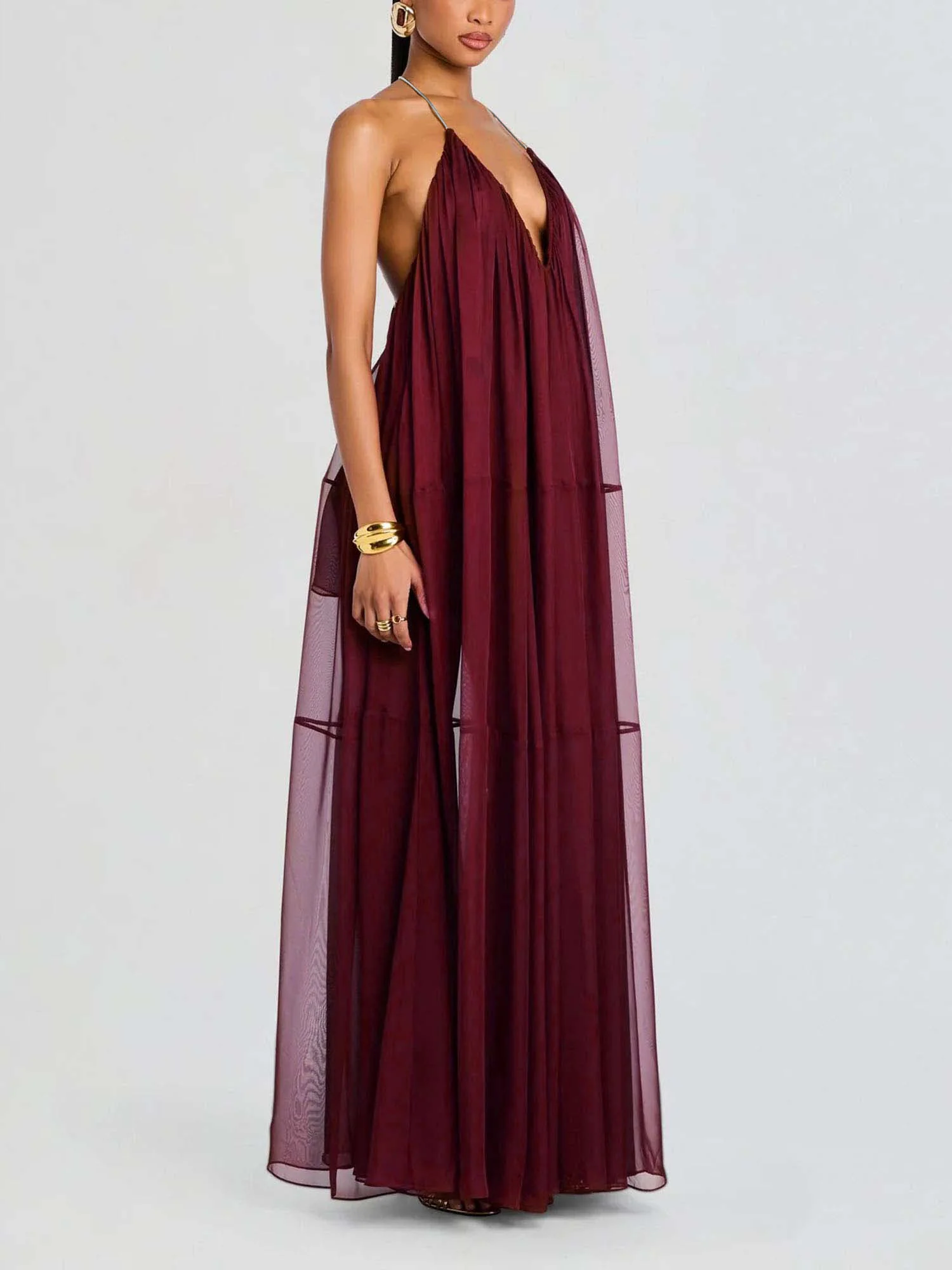 Sheer Draped Maxi Dress