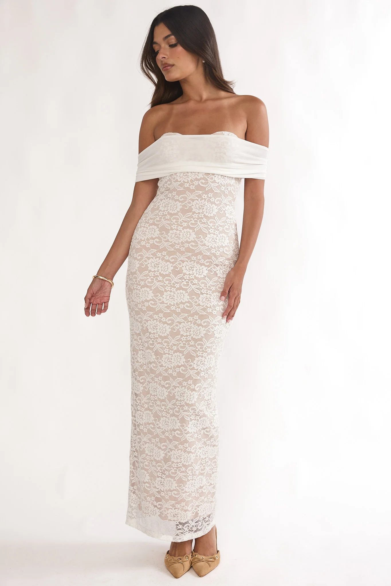 Jewelene Off-Shoulder Maxi Dress Lace White
