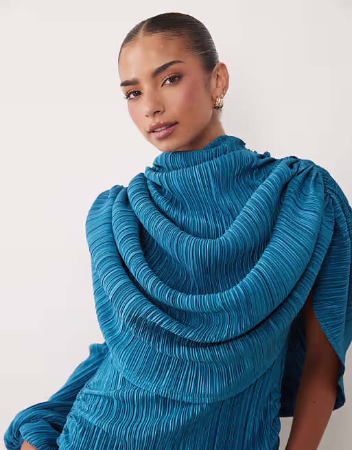 plisse asymmetric cape sleeve mini dress in blue teal
