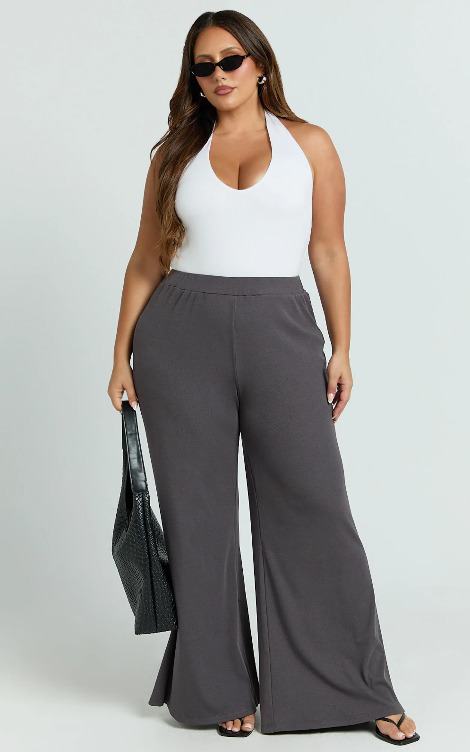 Amalthea Pants - High Waisted Jersey Rib Wide Leg Pants in Charcoal
