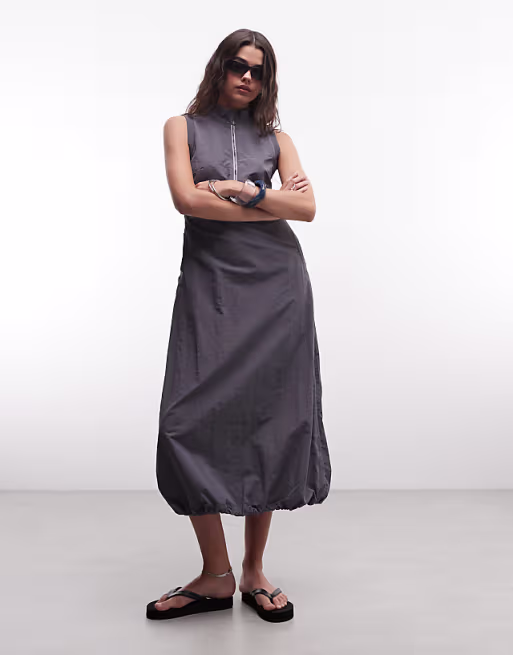 COLLUSION high neck tech midi dress in gray