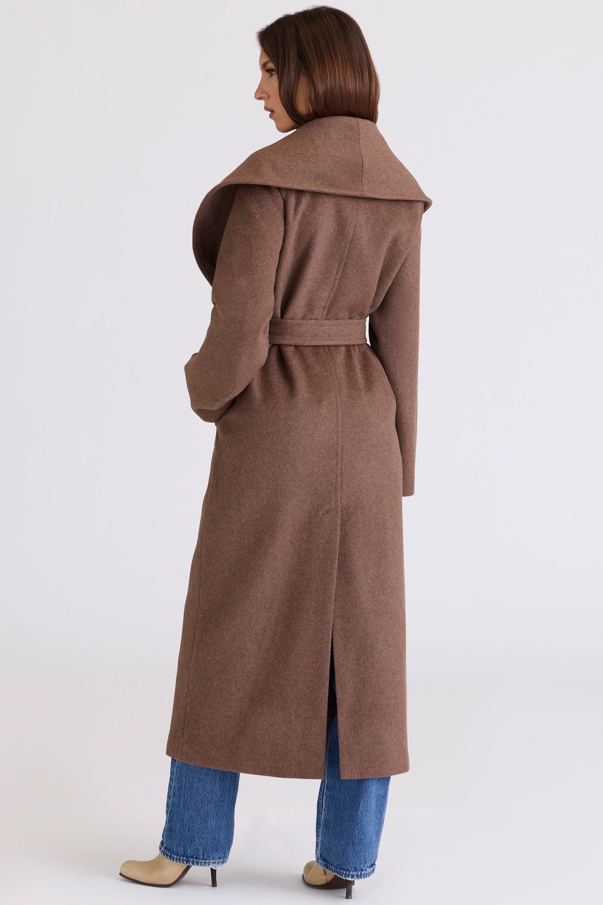 brown wool shawl collar coat