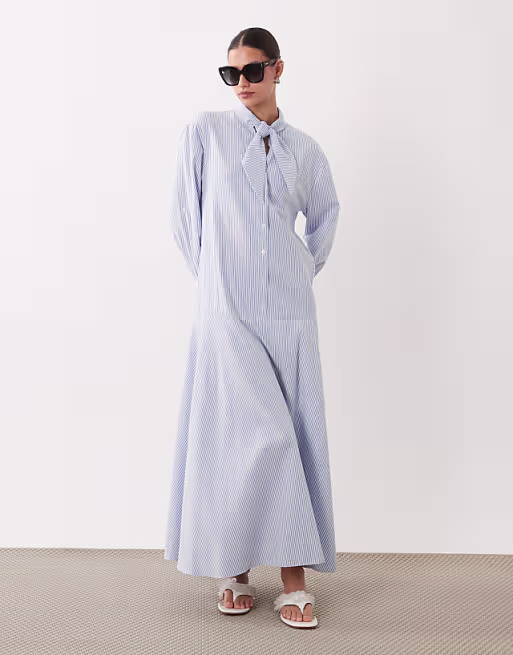maxi shirt dress with scarf neck detail in blue pinstripe