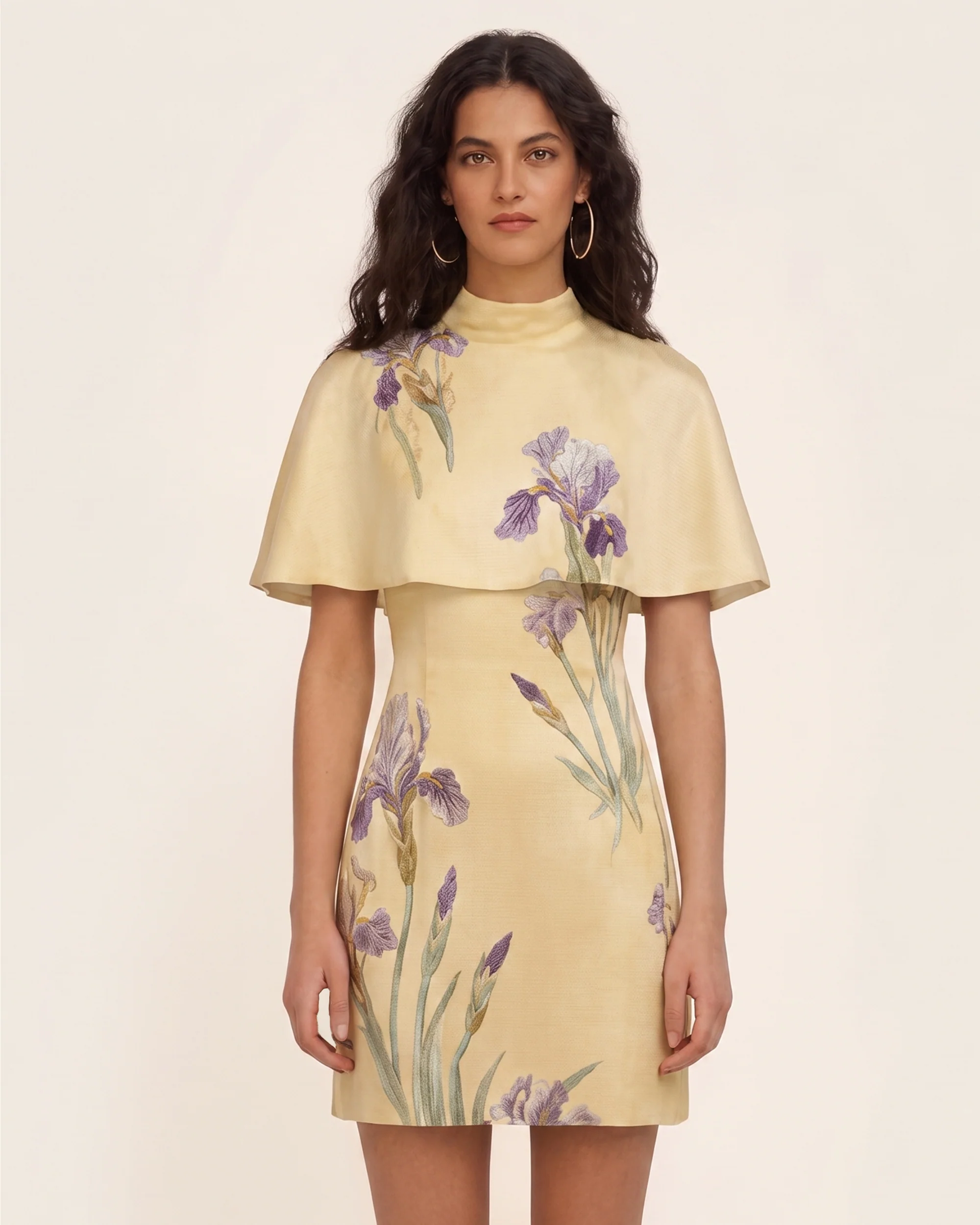 Iris Print Cape Overlay Mini Dress - Soft Yellow