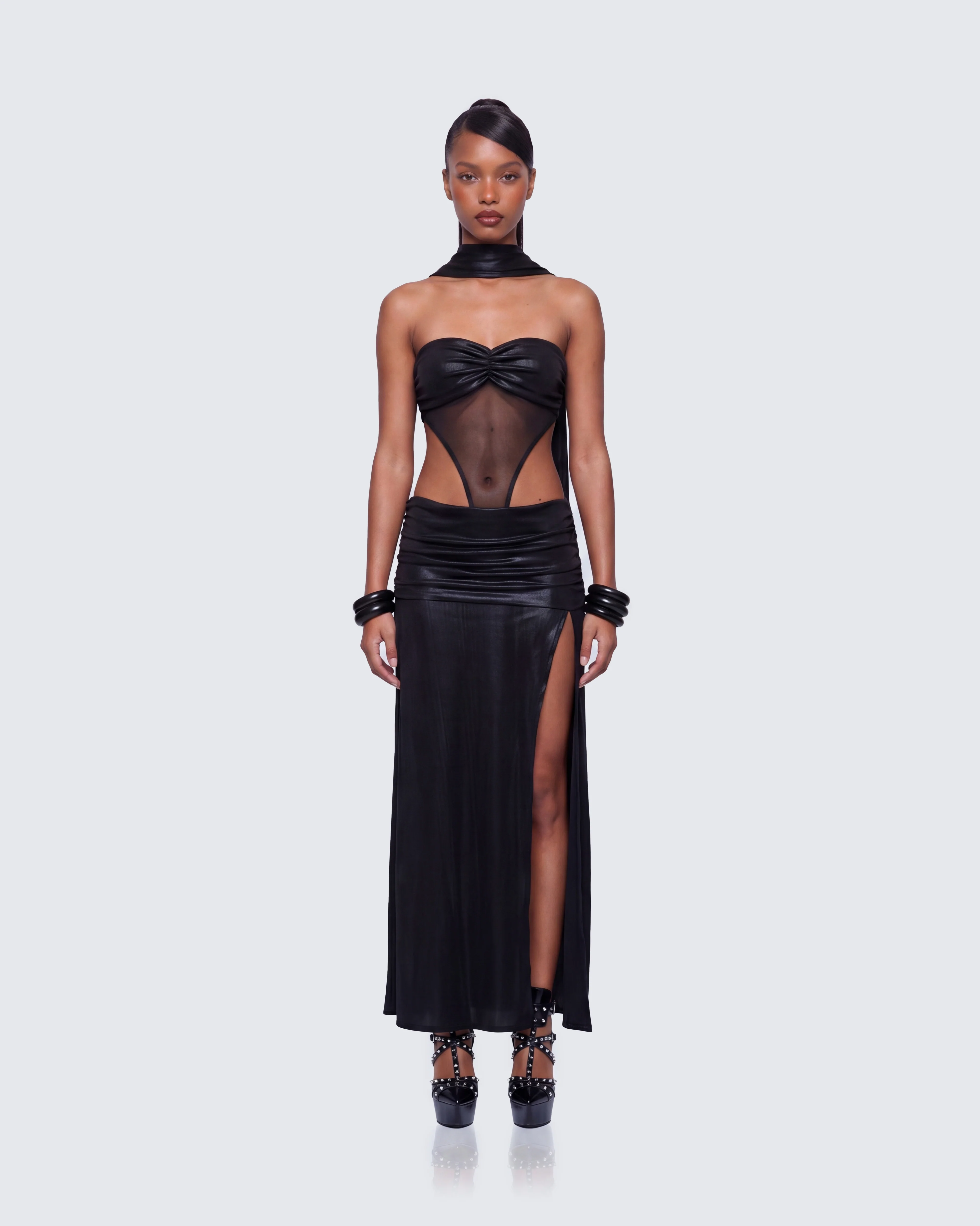 Vesper Black Metallic Scarf Detail Dress