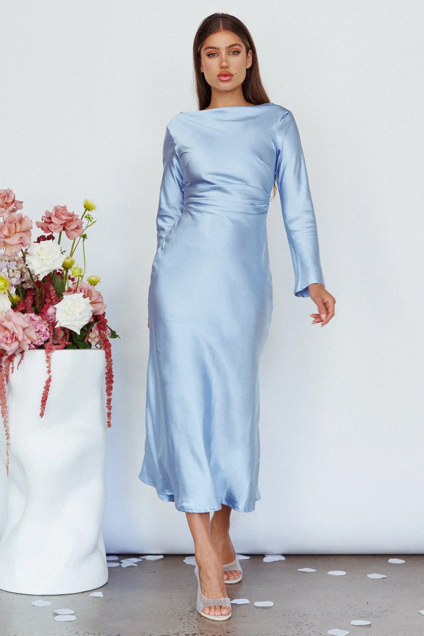 Loveland Cowl Back Midi Dress Ice - luluinthesky