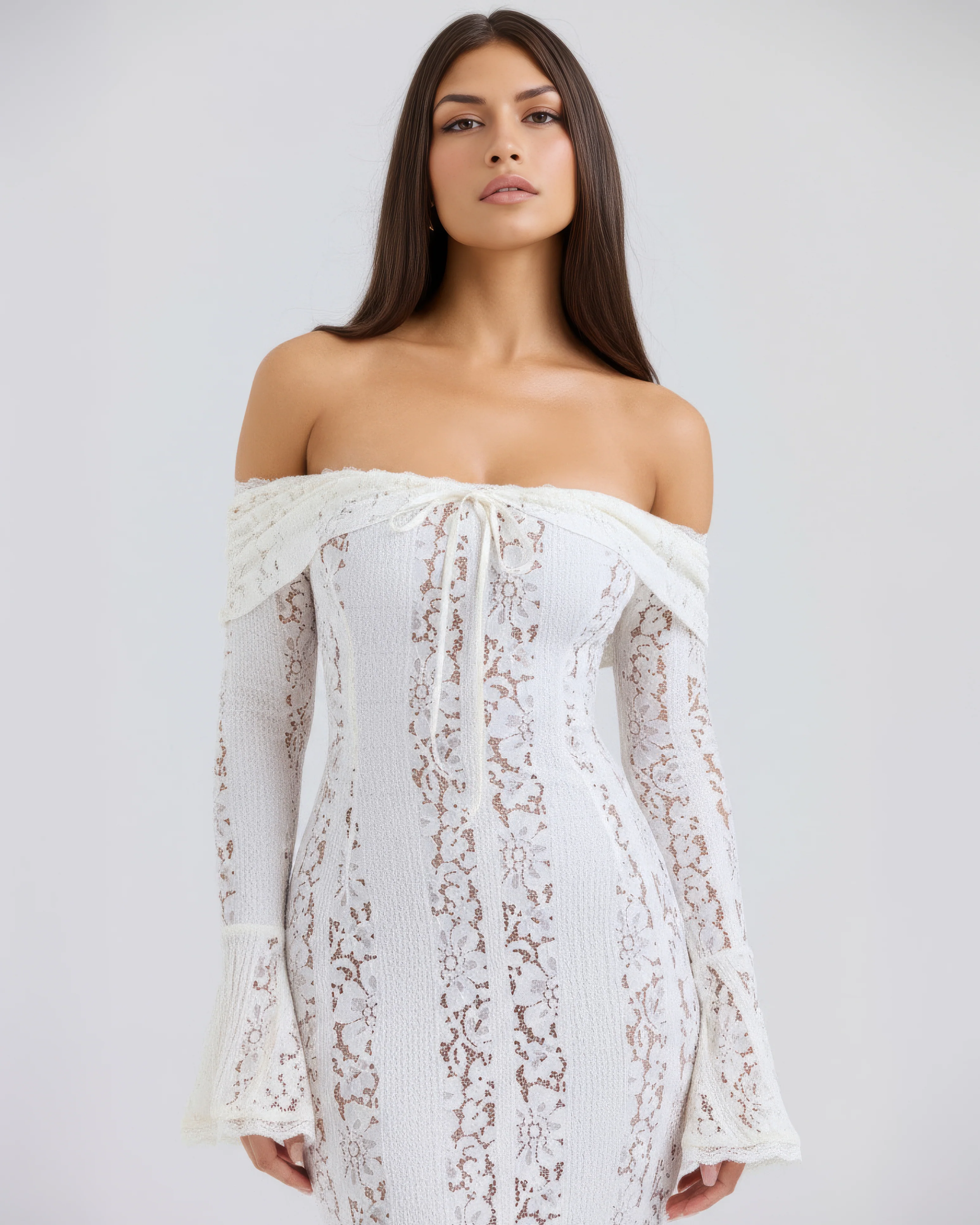 White Lace Maxi Dress with Off-Shoulder Neckline & Sweeping Godet
