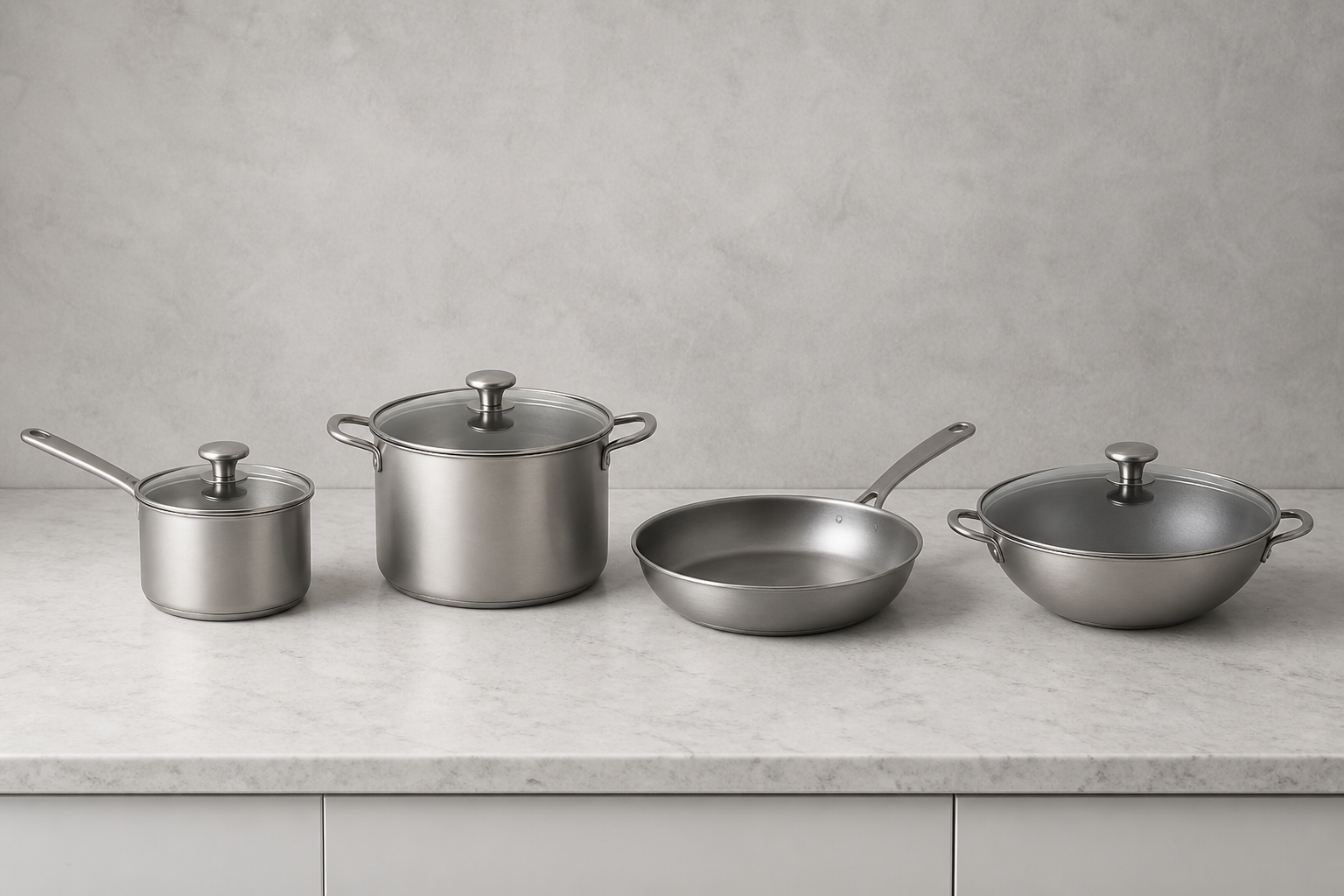 A milk pan, stock pot, frying pan, and wok arranged as a cookware shape comparison