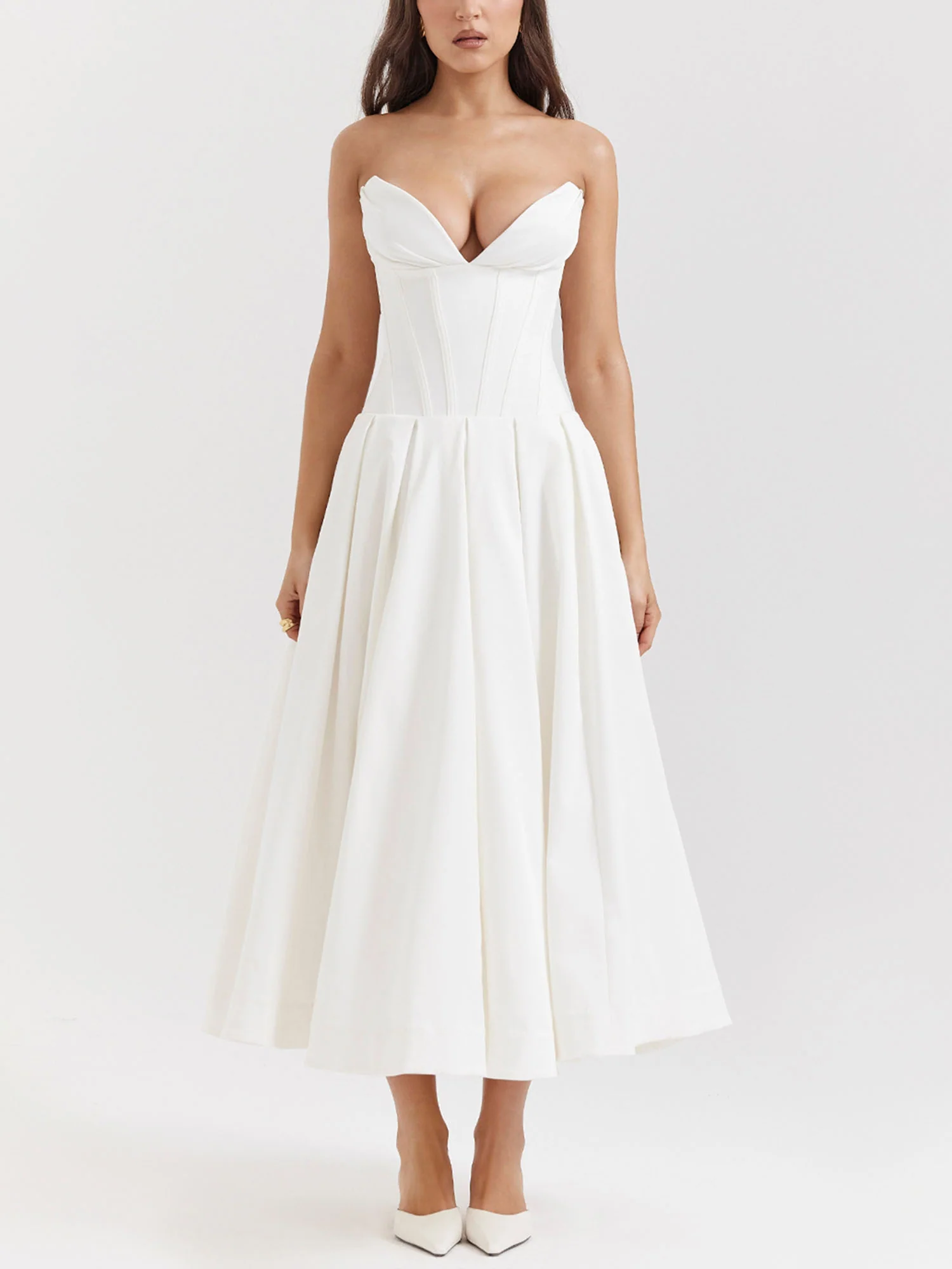 White Strapless Fit-and-Flare Midi Dress