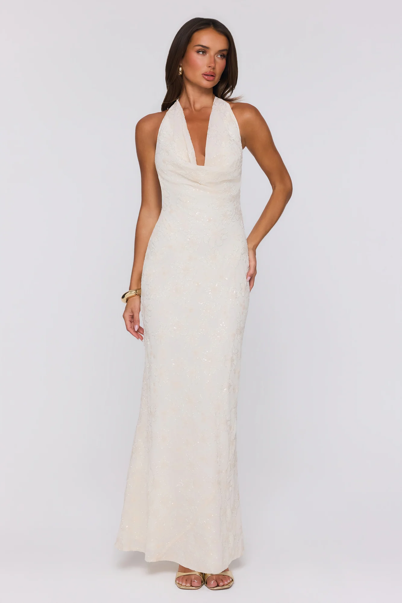 Bling It Babe Beaded Halter Maxi Dress Cream