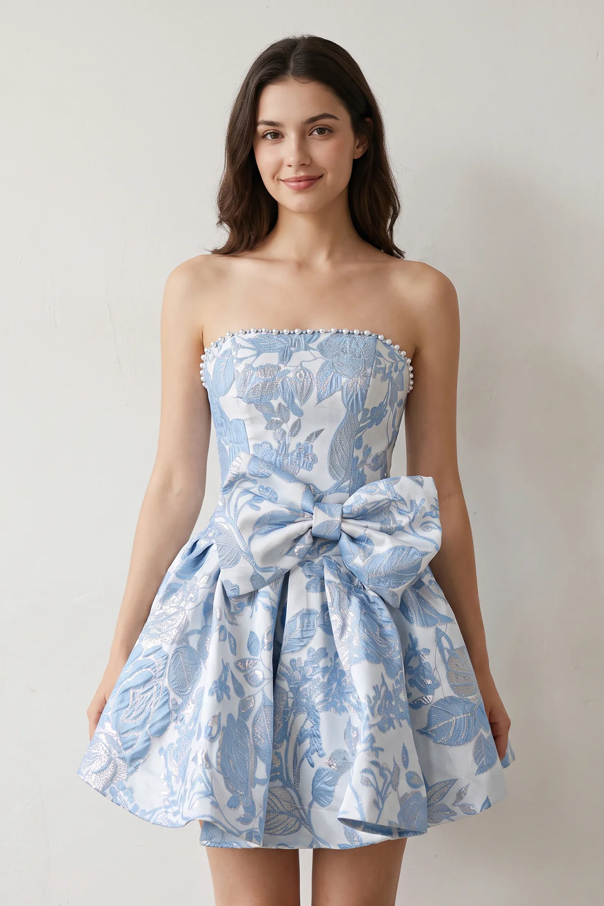 Blue Flower Jacquard Strapless A-Line Bowknot Homecoming Dress With Pearl