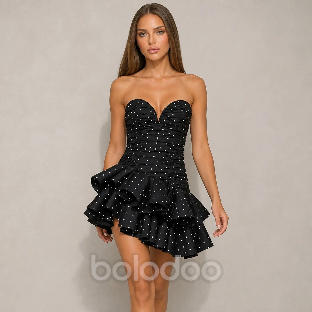 BOLODOO Black Rhinestone Dot Strapless Tiered Ruffle Mini Dress