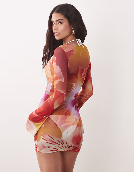 Kaiia exclusive mesh long sleeve mini dress in pink ombre floral