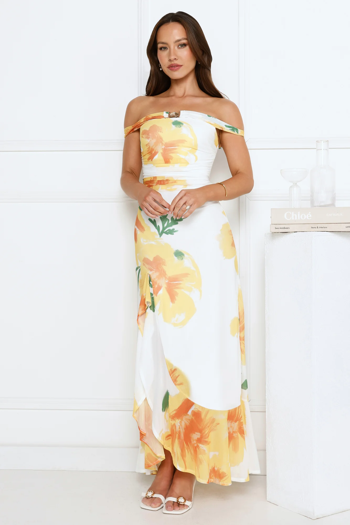 Crown Affair Off Shoulder Mesh Maxi Dress White