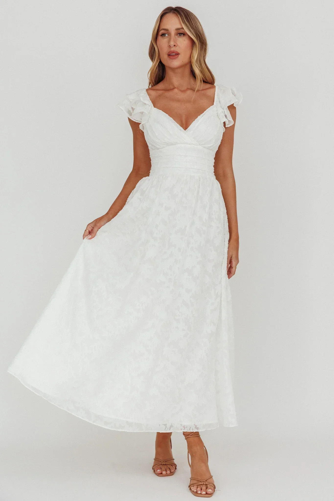 Lola Ruffle Shoulder Maxi Dress Textured White - luluinthesky