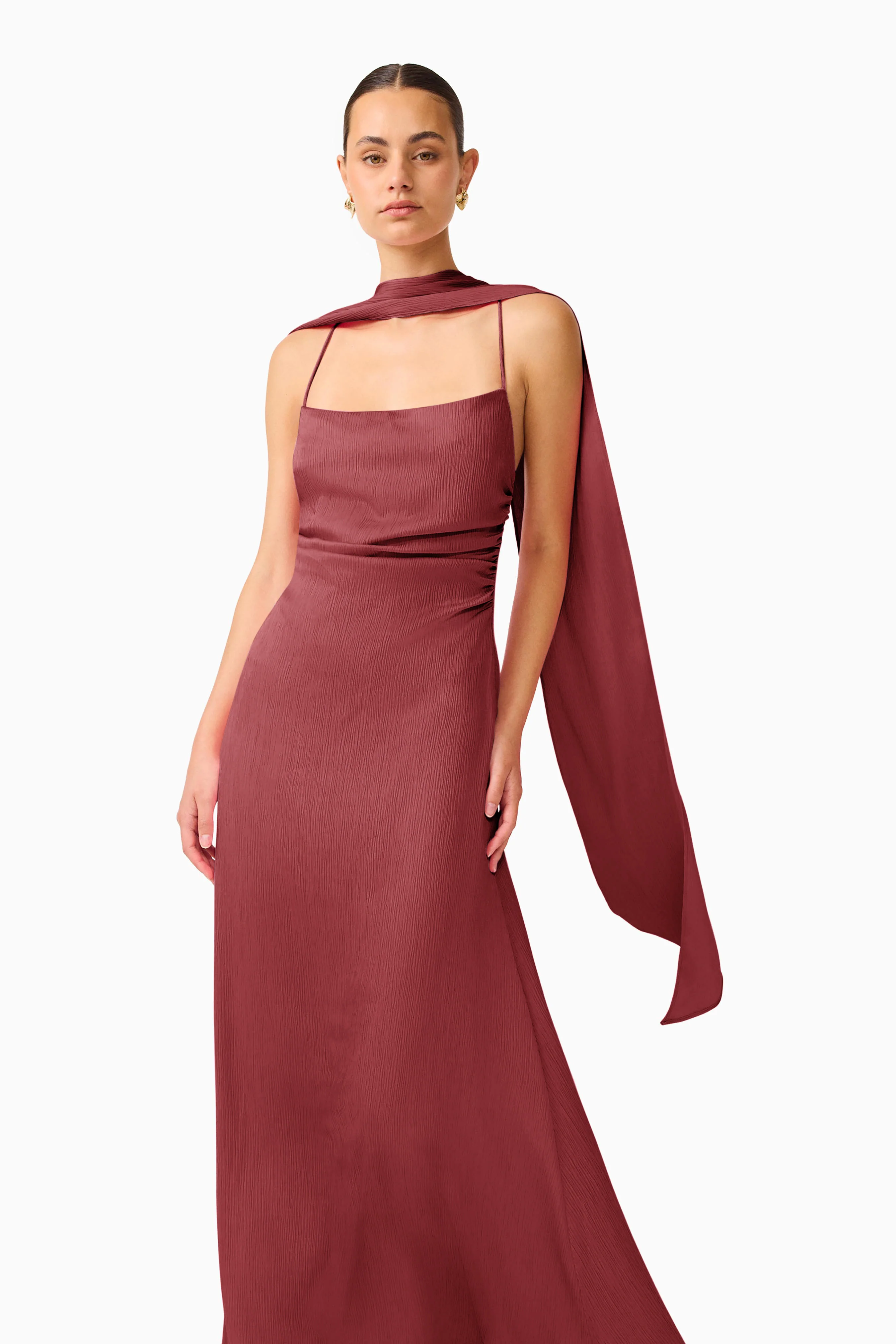 Calista Neck Scarf Gown in Burgundy
