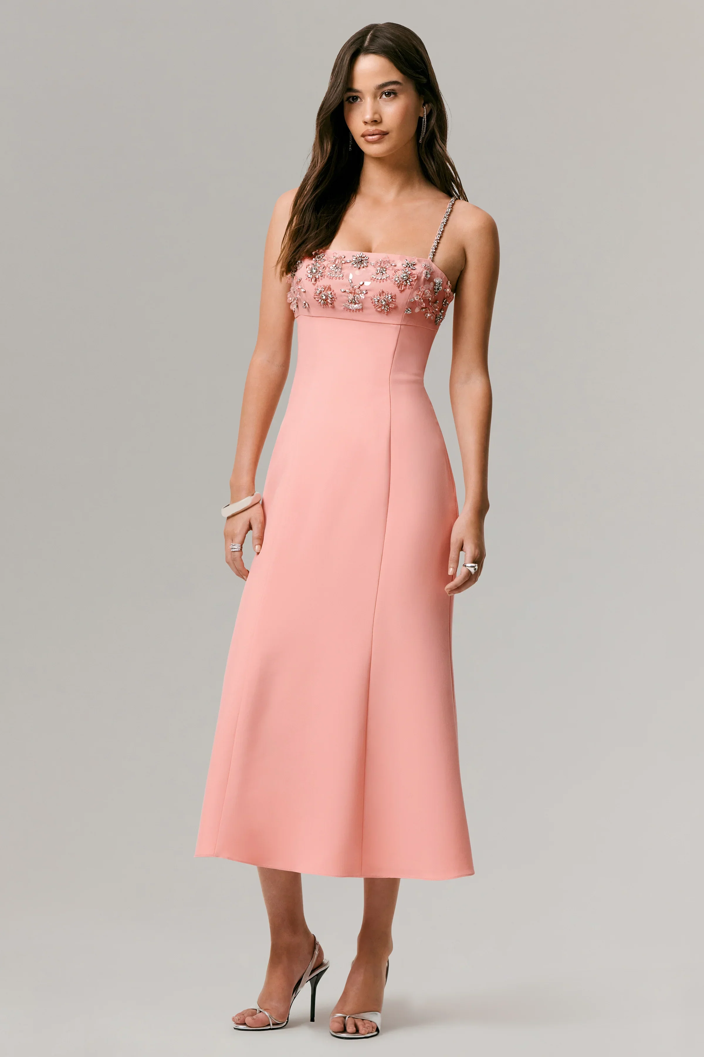 One To Remember | Coral Square-Neck Embellished Midi Dress