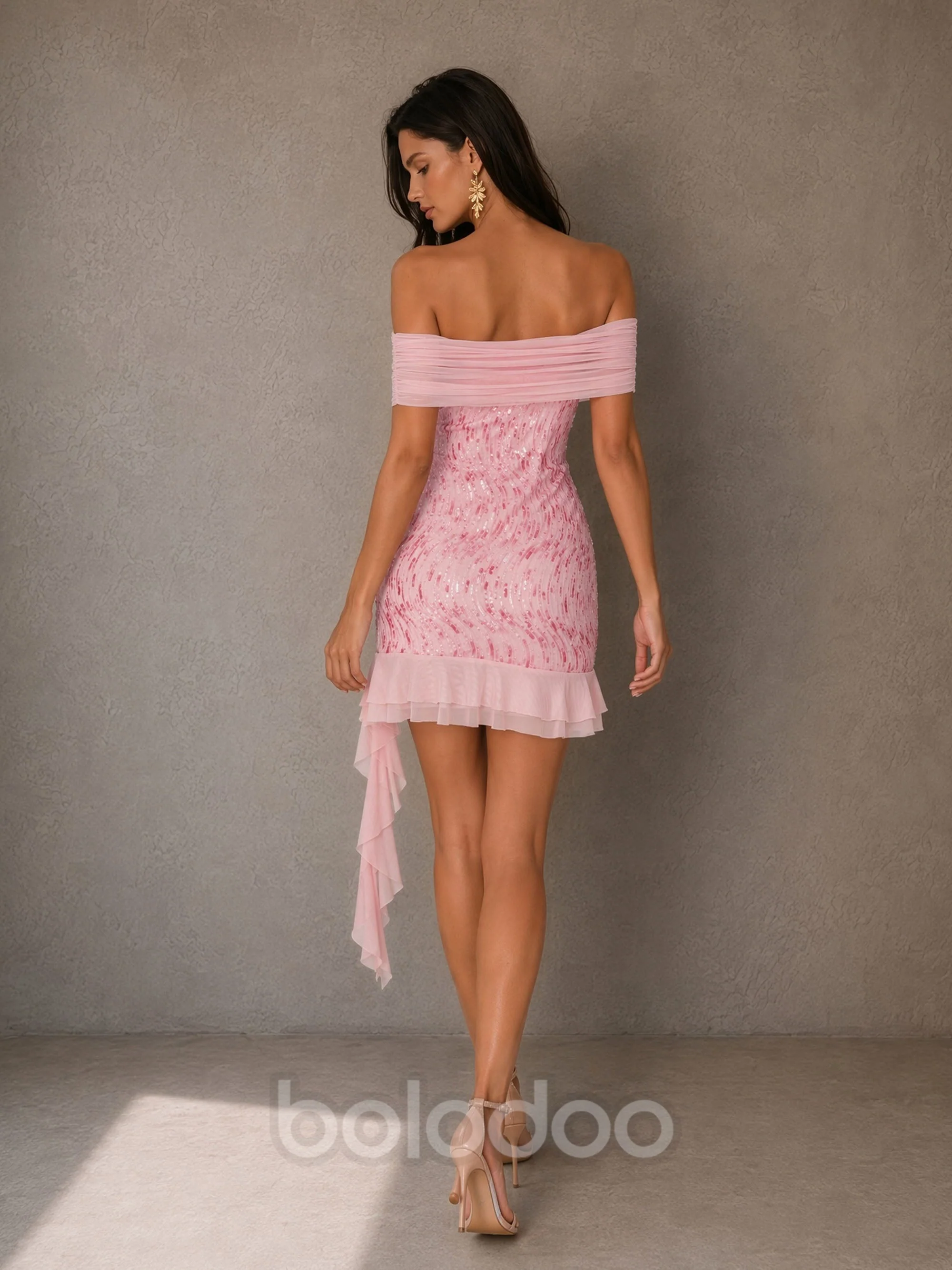 BOLODOO Pink Wave Sequin Off-Shoulder Asymmetric Ruffle Hem Bodycon Mini Dress | Bardot Chiffon Cascade Party Dress